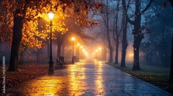 Fototapeta Charming city street on a winter night, vibrant reflections on wet pavement, foggy air creating a dreamy glow around the streetlights
