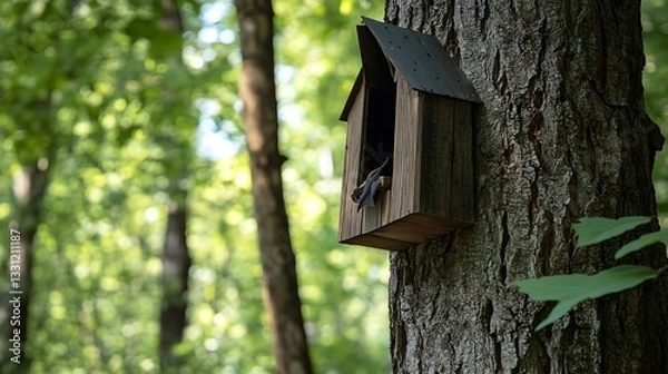 Fototapeta A wooden bat house has been attached to a tree