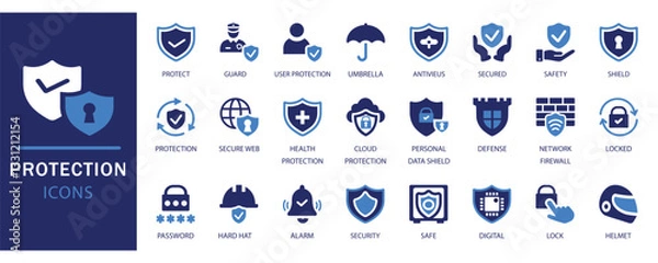 Fototapeta Protection icon set. Ideal for cybersecurity, safety, and security-related designs. Includes shield, lock, firewall, antivirus, data protection, and more. Perfect for web, app, and infographic use.