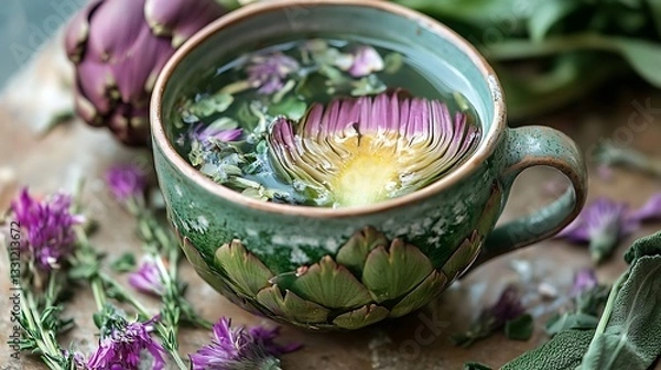 Obraz Artichoke tea in a cup artichoke cut in half and flower stems