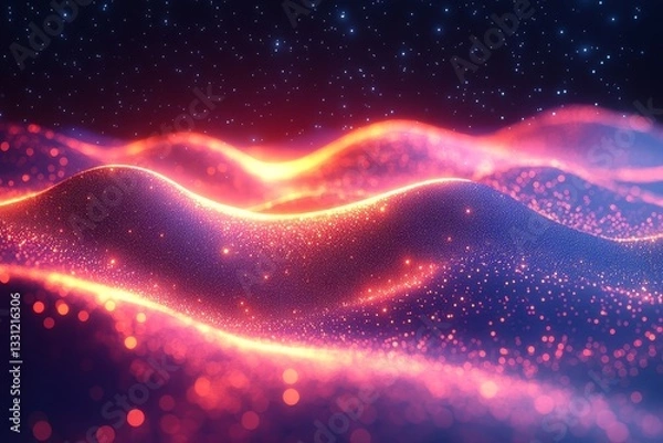 Fototapeta Big data visualization concept with digital lines and waves in retro colors on a dark blue backdrop, representing information technology.