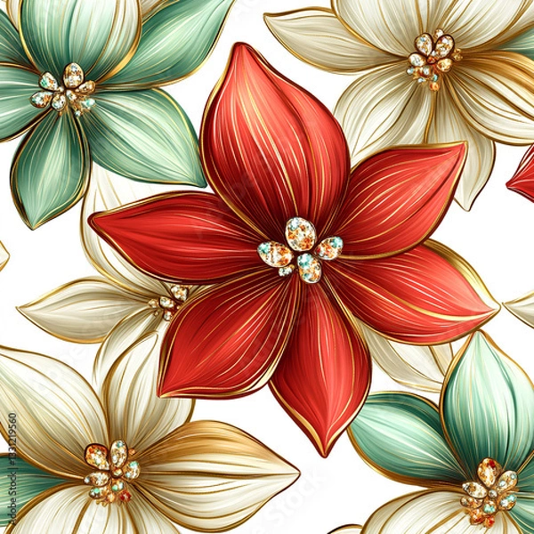 Fototapeta A seamless pattern featuring red, neon gold, and flowers