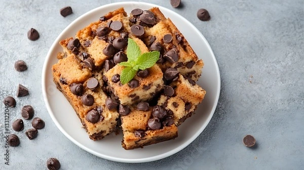 Obraz Bread pudding made with peanut butter chocolate chip in gray background
