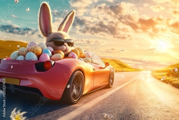 Obraz A white rabbit, wearing sunglasses, drives a red sports car brimming with colorful Easter eggs. The scene features a scenic sunset, winding roads, rolling hills, and a vibrant, whimsical atmosphere.