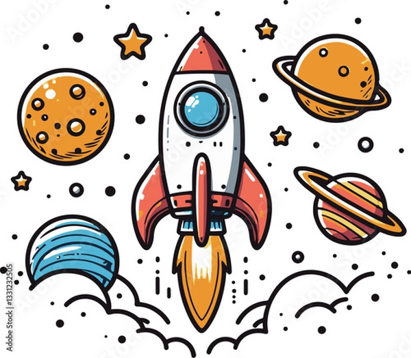 Fototapeta Cartoon rocket ship launching into space