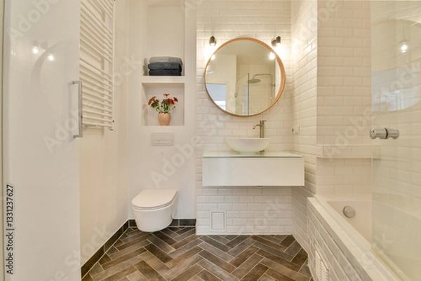 Fototapeta A stylish modern bathroom featuring a minimalist design with elegant fixtures and contrasting textures. Perfect for contemporary home aesthetics.