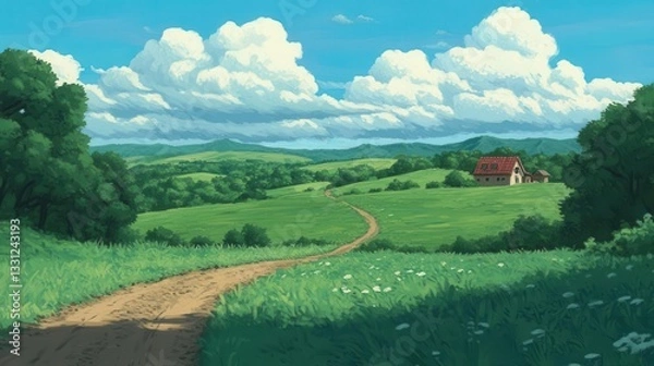 Obraz Anime background showing green field, blue sky with white clouds