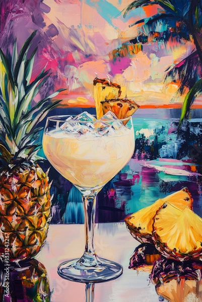 Obraz Vibrant Pina colada cocktail on a tabletop, showcasing bold colours and refreshing appeal