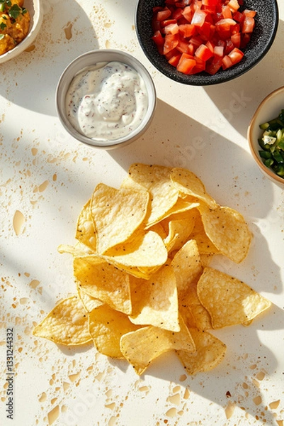 Obraz Plain kettle chips on a tabletop, vibrant colours, and tempting dips