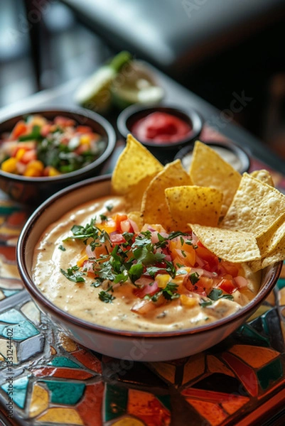 Obraz Plain kettle chips on a tabletop, vibrant colours, and tempting dips