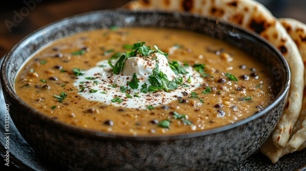 Fototapeta Rustic bowl of lentil soup with cream and parsley, naan bread on the side