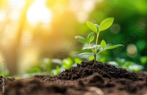 Fototapeta Small Green Plant Sprouting from Rich Soil with Sunlight Shining Through Leaves. Symbolizing Nature's Growth Process and Environmental Sustainability