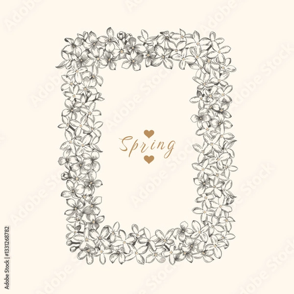 Fototapeta Vertical frame with lilac flowers with space for text. Vector botanical illustration. Black and white.