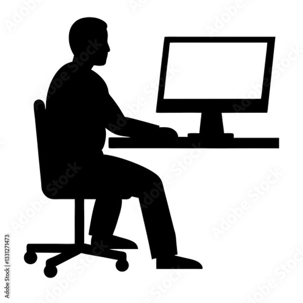 Fototapeta Silhouette of a person working on a laptop at a desk in an office