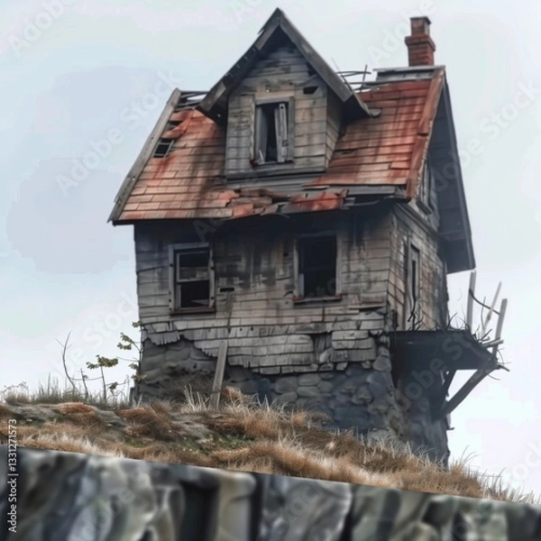 Obraz A weathered wooden house with a slanted roof stands precariously on a rocky cliff. The structure shows signs of age, with peeling paint and broken windows