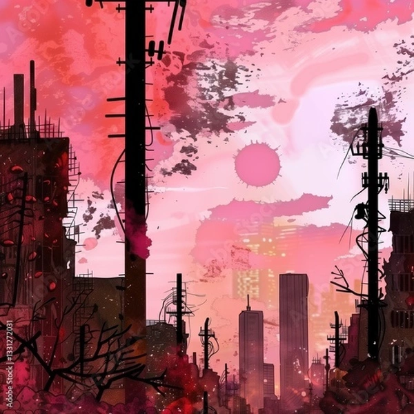 Obraz A post-apocalyptic city skyline is silhouetted against a vivid pink and orange sunset. Broken buildings and utility poles dominate the scene, evoking a sense of desolation
