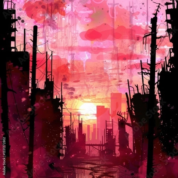 Obraz A vibrant sunset casts a warm glow over a desolate urban landscape filled with ruined buildings and broken power lines