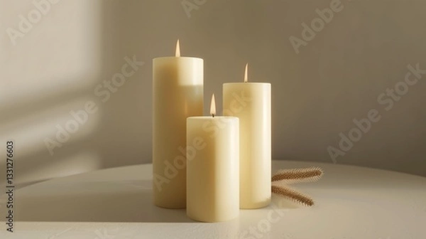 Fototapeta A set of three elegant pillar candles in varying heights, with a smooth matte finish, arranged on a white surface.