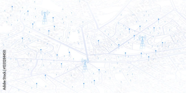 Obraz GPS coverage and 5G wi-fi. Network connectivity, signal distribution across the city. Isometric cityscape with wireless communication towers. Location signal strength indicators. Vector illustration