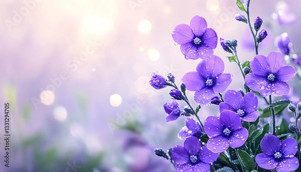 Obraz Dew-kissed purple flowers bloom in soft, sunlit garden