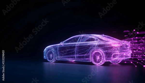 Fototapeta Futuristic digital car model with glowing lines and data streams