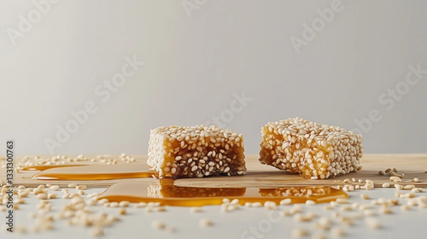 Fototapeta Broken sesame bar with golden caramel filling on a wooden cutting board