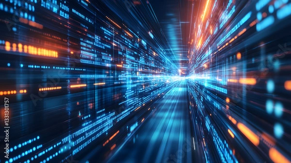 Fototapeta Blue light speed background, high-speed tunnel with glass grid, futuristic technology style, speed lines and luminous effects, black gradient background, blue glow, dynamic blur effect, wide perspecti