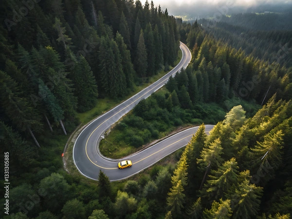 Fototapeta Aerial View of Winding Mountain Road Through Dense Forest