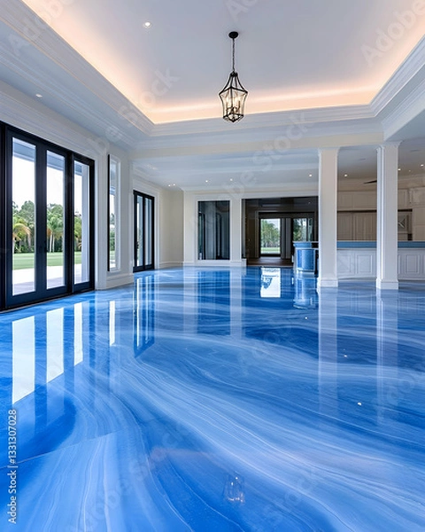Fototapeta Luxurious modern interior with polished blue epoxy floor, showcasing natural light and high ceilings