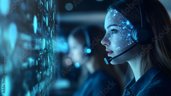Fototapeta Elevating customer service with blue technology hologram of Digital on screen network, Staff women with headsets and AI interfaces. Call center with Technology Internet and network concept