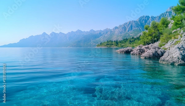 Fototapeta Serene coastal scene with crystal-clear turquoise water, rocky shoreline, and majestic mountain backdrop under a clear blue sky