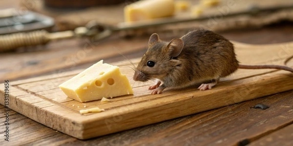 Obraz Tiny mouse enjoying cheese on a vintage board indoor setting food photography rustic environment close-up viewpoint whimsical concept