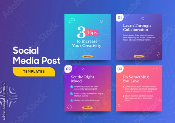 Fototapeta Social media carousel post template. Instagram and facebook square post template. Instagram tips post collection tutorial, tip, trick, quick tips, layout template design.