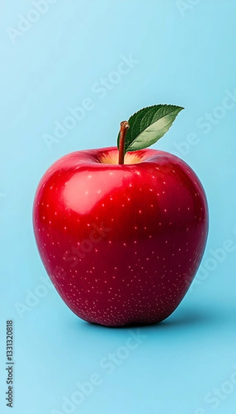 Fototapeta Single red apple with leaf on blue background