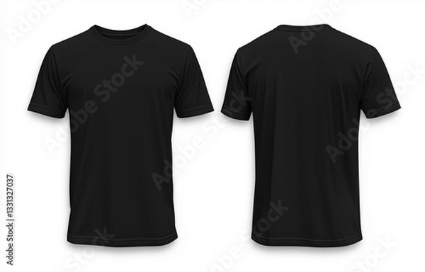 Fototapeta A realistic black T-shirt mockup, showcasing front and back views on a clean white background. Ideal for branding, custom apparel design, merchandise, online stores, and fashion presentations.