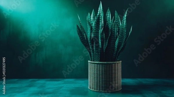 Fototapeta Snake plant in a woven basket against a teal backdrop