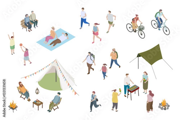Obraz アウトドアを楽しむ人々のイラスト、アイソメトリック、アイソメ