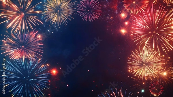 Obraz 36. Abstract firework background with free space for text. Vibrant display of colorful fireworks bursting in various patterns against a dark sky. The composition allows ample space for text, creating