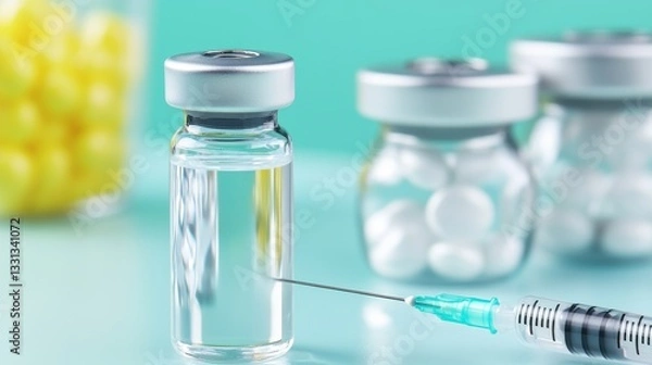 Fototapeta Medical Syringe and Vials with Liquid and Pills on Light Background