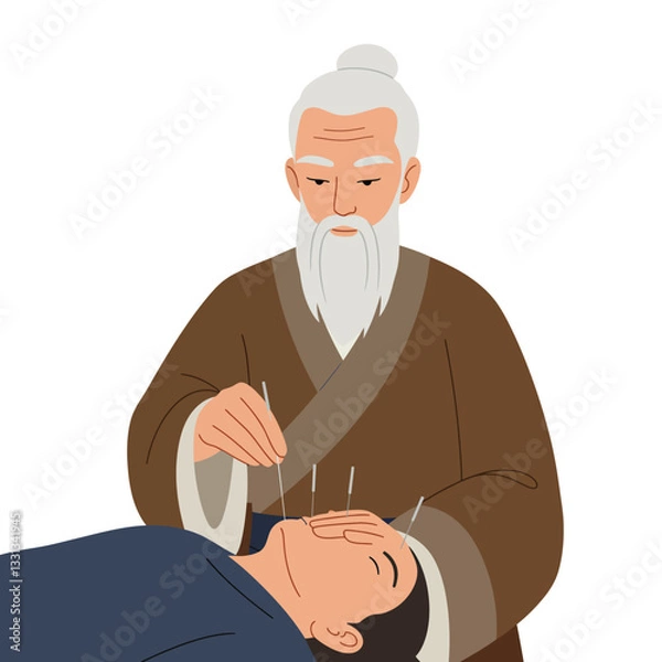 Fototapeta Acupuncture treatment scene with practitioner and patient in minimal flat vector art