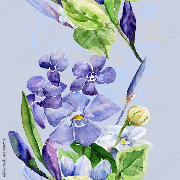 Fototapeta Frühlingsblumen.Seamless pattern of wild flowers, watercolor  image  on a colored background.
