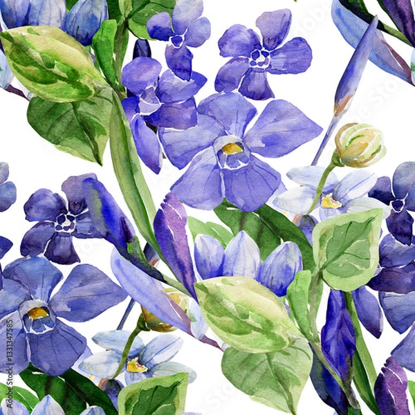 Fototapeta Frühlingsblumen.Seamless pattern of wild flowers, watercolor  image  on a colored background.