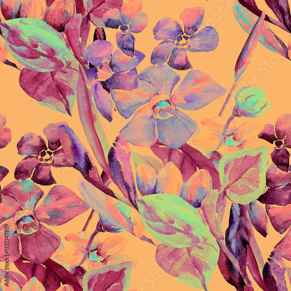 Fototapeta Frühlingsblumen.Seamless pattern of wild flowers, watercolor  image  on a colored background.