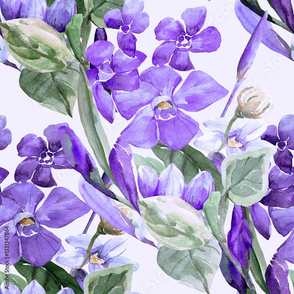 Fototapeta Frühlingsblumen.Seamless pattern of wild flowers, watercolor  image  on a colored background.