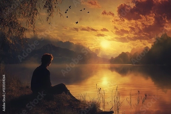 Fototapeta A young man sits on the shore of a lake, enjoying the sunset while gazing at the water. This scene evokes a sense of meditation and contemplation