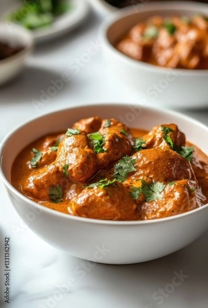 Obraz Delicious vegetarian dish featuring soft dumplings in rich, creamy tomato sauce garnished with fresh cilantro served in a white bowl on a marble surface