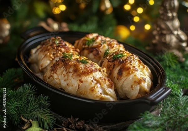 Obraz Deliciously Baked Stuffed Cabbage Rolls in a Black Serving Dish Surrounded by Greenery and Holiday Lights