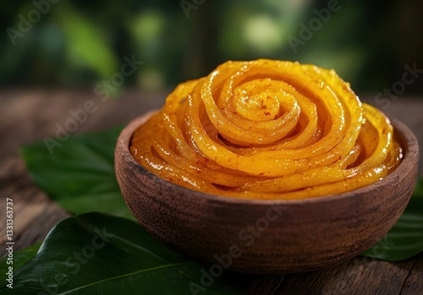 Obraz Deliciously Crafted Golden Mango Puree Formed into a Beautiful Rose Shape in a Rustic Bowl Surrounded by Greenery and Natural Elements