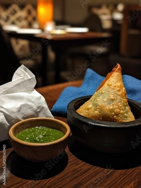 Obraz Deliciously Crisp Samosa Served with Fresh Green Chutney on a Wooden Table in a Cozy Restaurant Setting