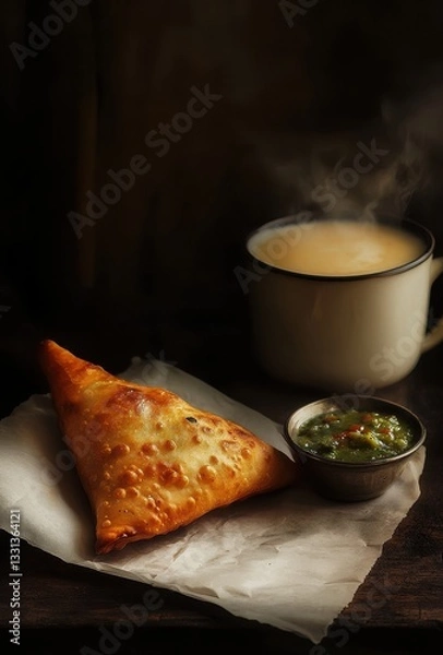Obraz Deliciously Crisp Samosa with Fresh Green Chutney and Steaming Cup of Tea on Rustic Wooden Table Background